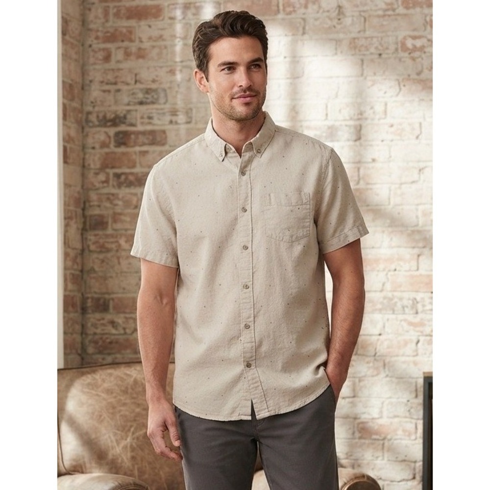 Prana Embroidered Short Sleeve Button‎ Down Men's Shirt XL Tan Organic Cotton